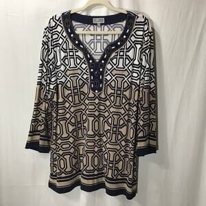 JM Collection Liquid Knit Geometric Print Beaded V-Neck Popover Blouse 2X